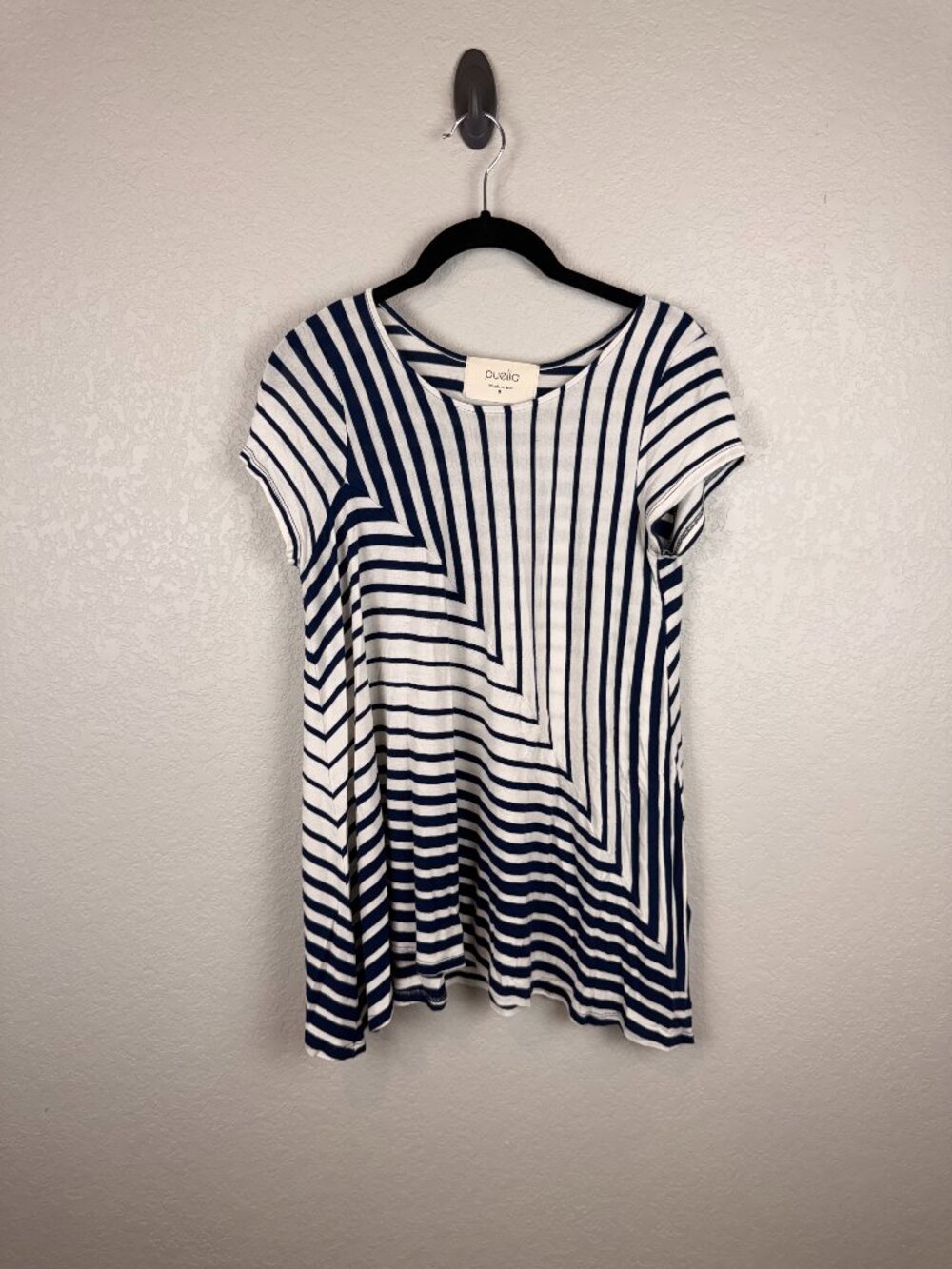 Puella Women's Navy White Mixed Stripe Short Sleeve Tunic Top Small Made in USA